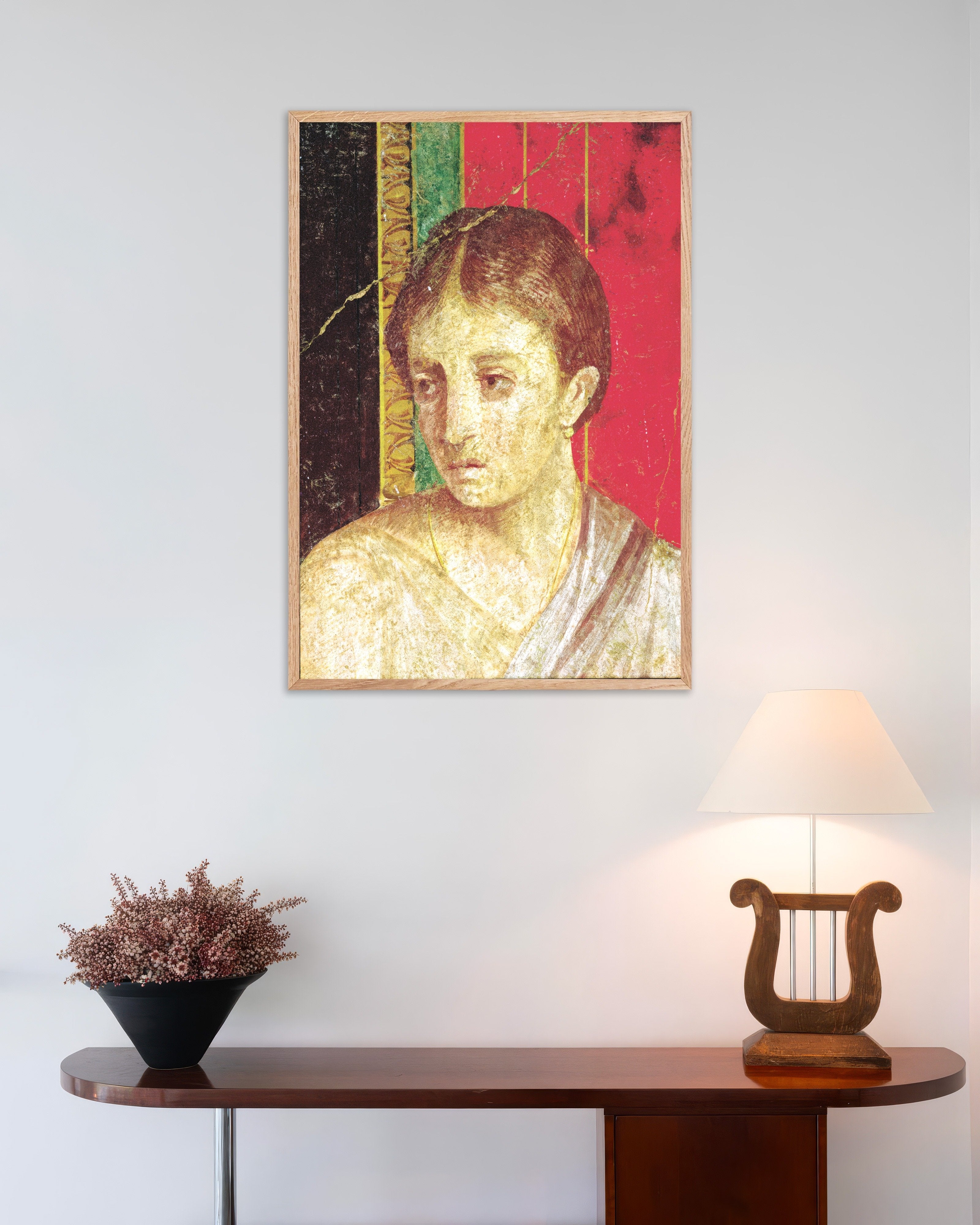 Poster of Seated mother fresco detail poster, with natural wooden frame