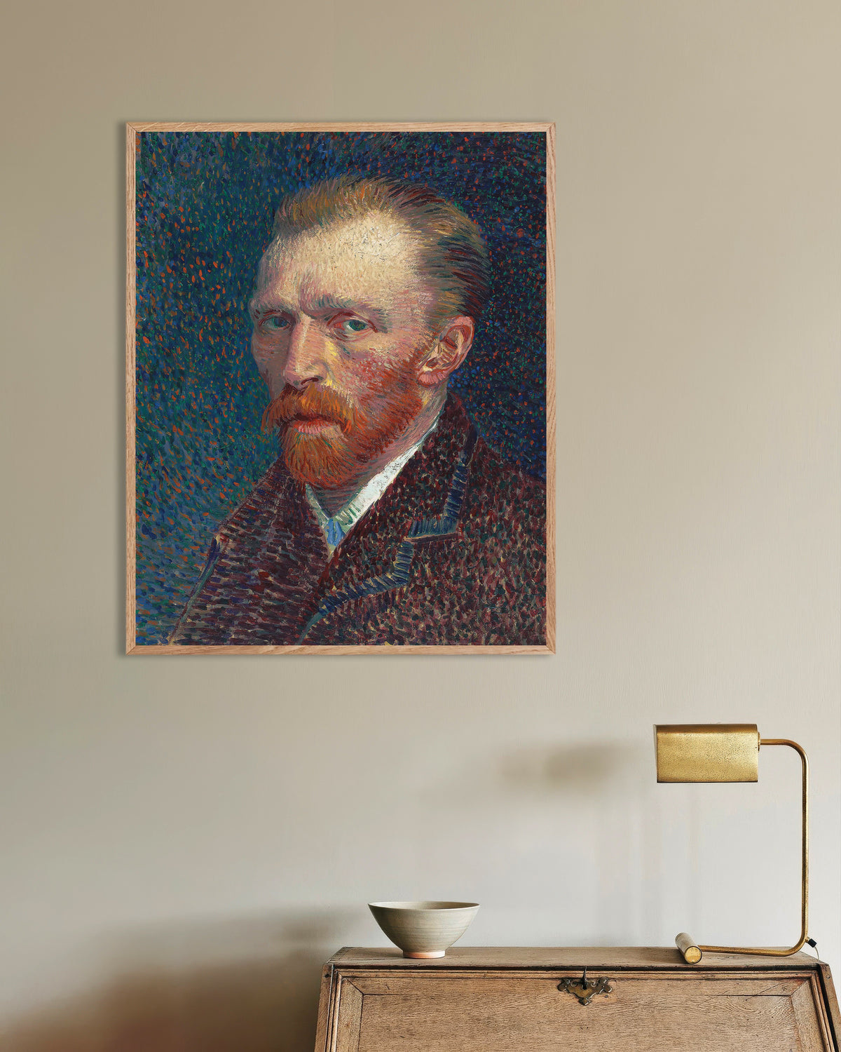 Poster of Self-Portrait on a Dotted Blue Background (1887) by Vincent van Gogh, with natural wooden frame