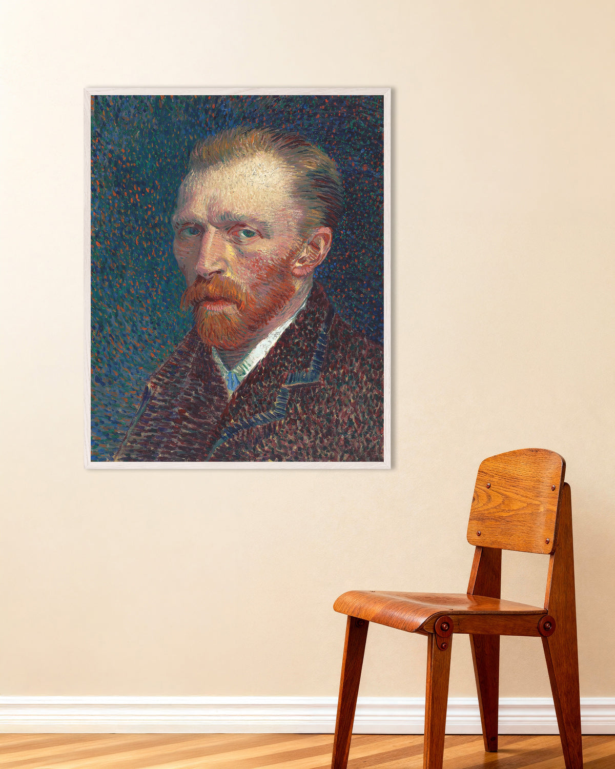 Poster of Self-Portrait on a Dotted Blue Background (1887) by Vincent van Gogh, with white wooden frame
