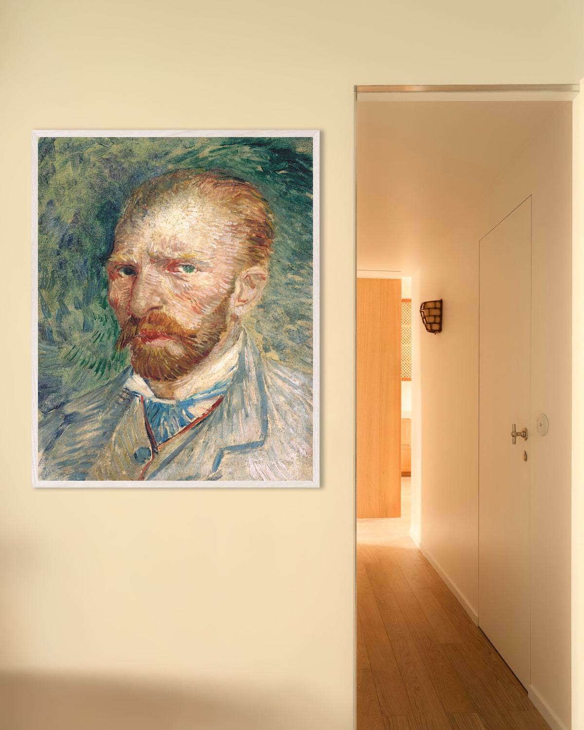 Poster of Self-Portrait on a Green Background (1886) by Vincent van Gogh, with white wooden frame