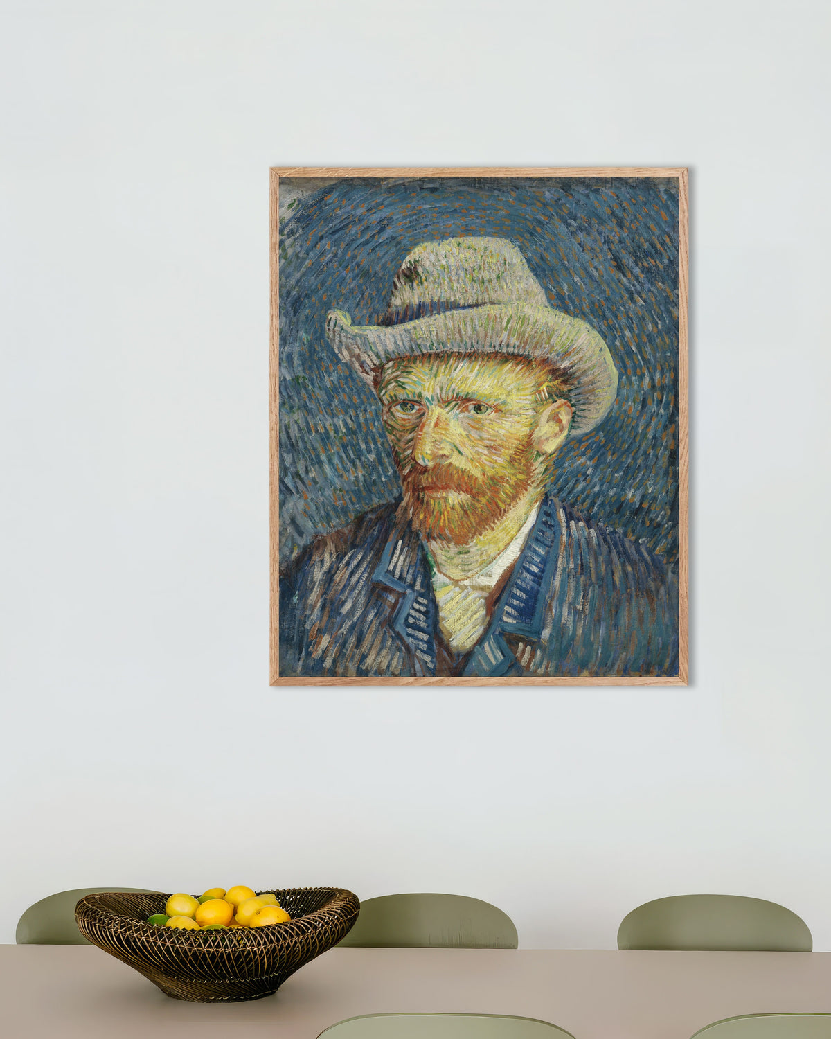 Poster of Self-Portrait with Grey Felt Hat (1887) by Vincent van Gogh, with natural wooden frame
