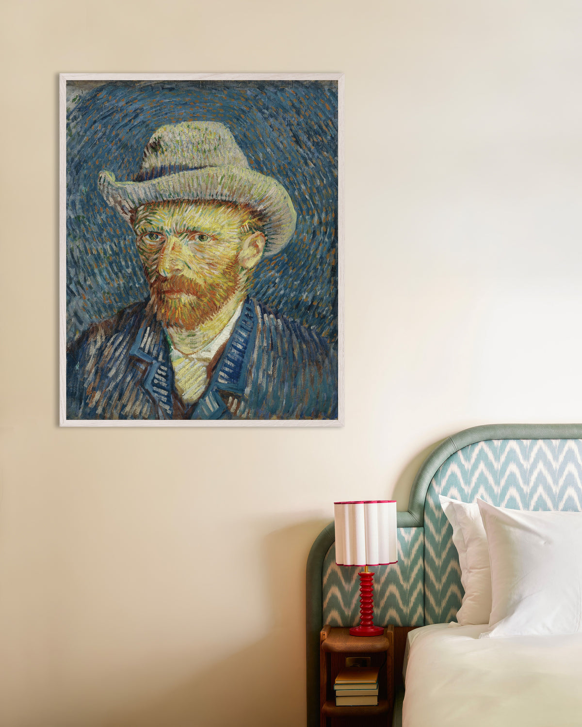 Poster of Self-Portrait with Grey Felt Hat (1887) by Vincent van Gogh, with white wooden frame