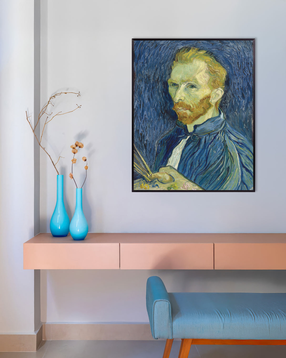 Poster of Self-Portrait with Palette (1889) by Vincent van Gogh, with metal frame