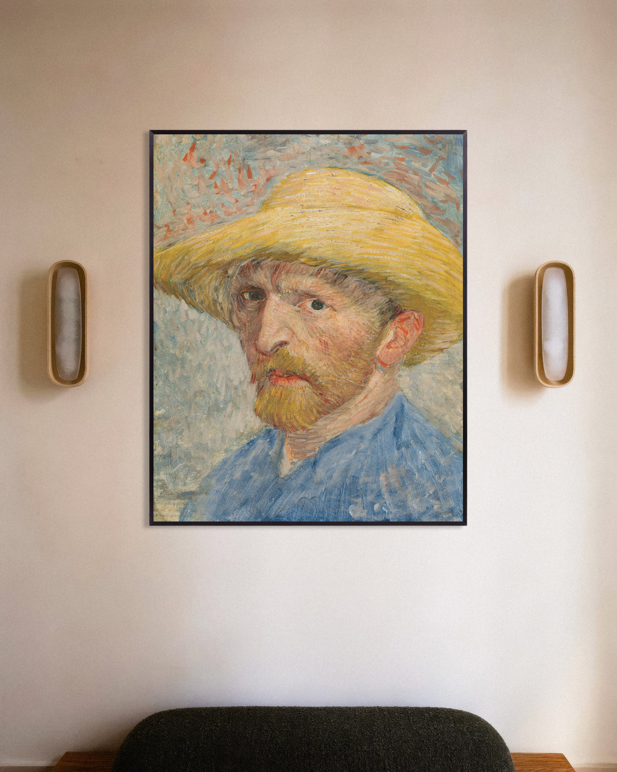 Poster of Self-Portrait with Straw Hat and Blue Smock (1887) by Vincent van Gogh, with metal frame