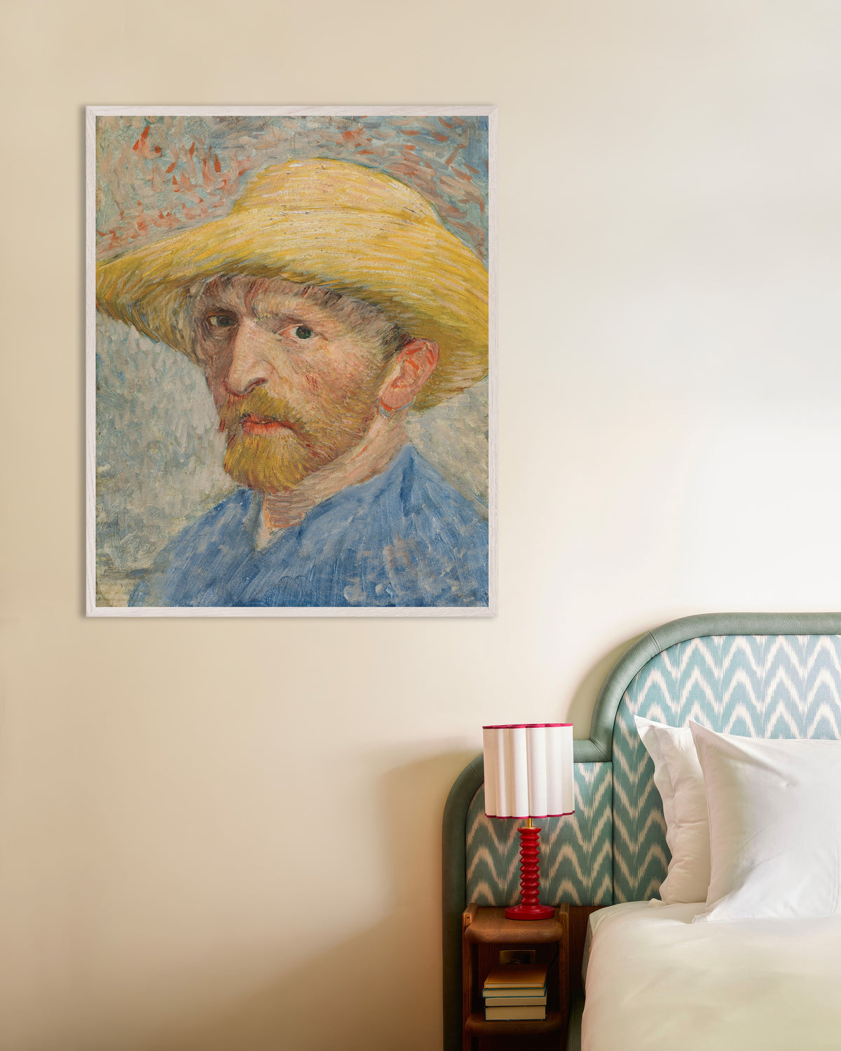 Poster of Self-Portrait with Straw Hat and Blue Smock (1887) by Vincent van Gogh, with white wooden frame