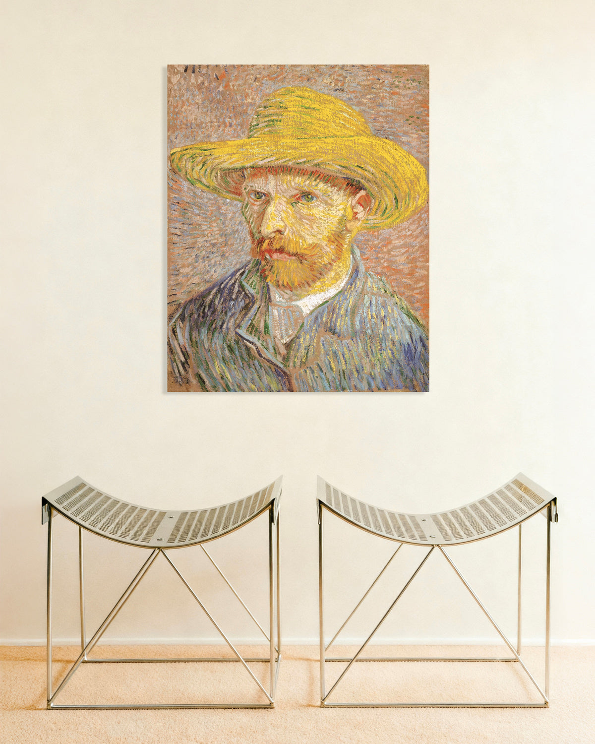 Poster of Self-Portrait with Straw Hat on Orange Ground (1887) by Vincent van Gogh