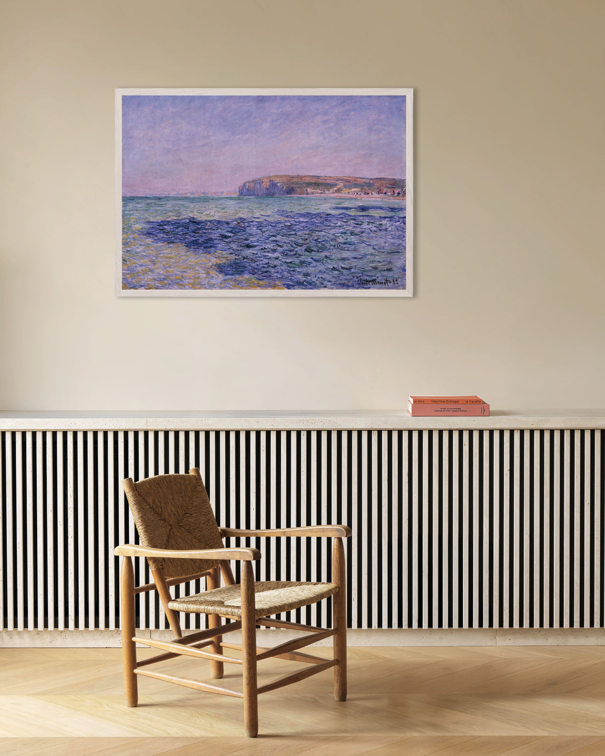 Poster of Shadows on the Sea, the Cliffs at Pourville (1882) by Claude Monet, with white wooden frame