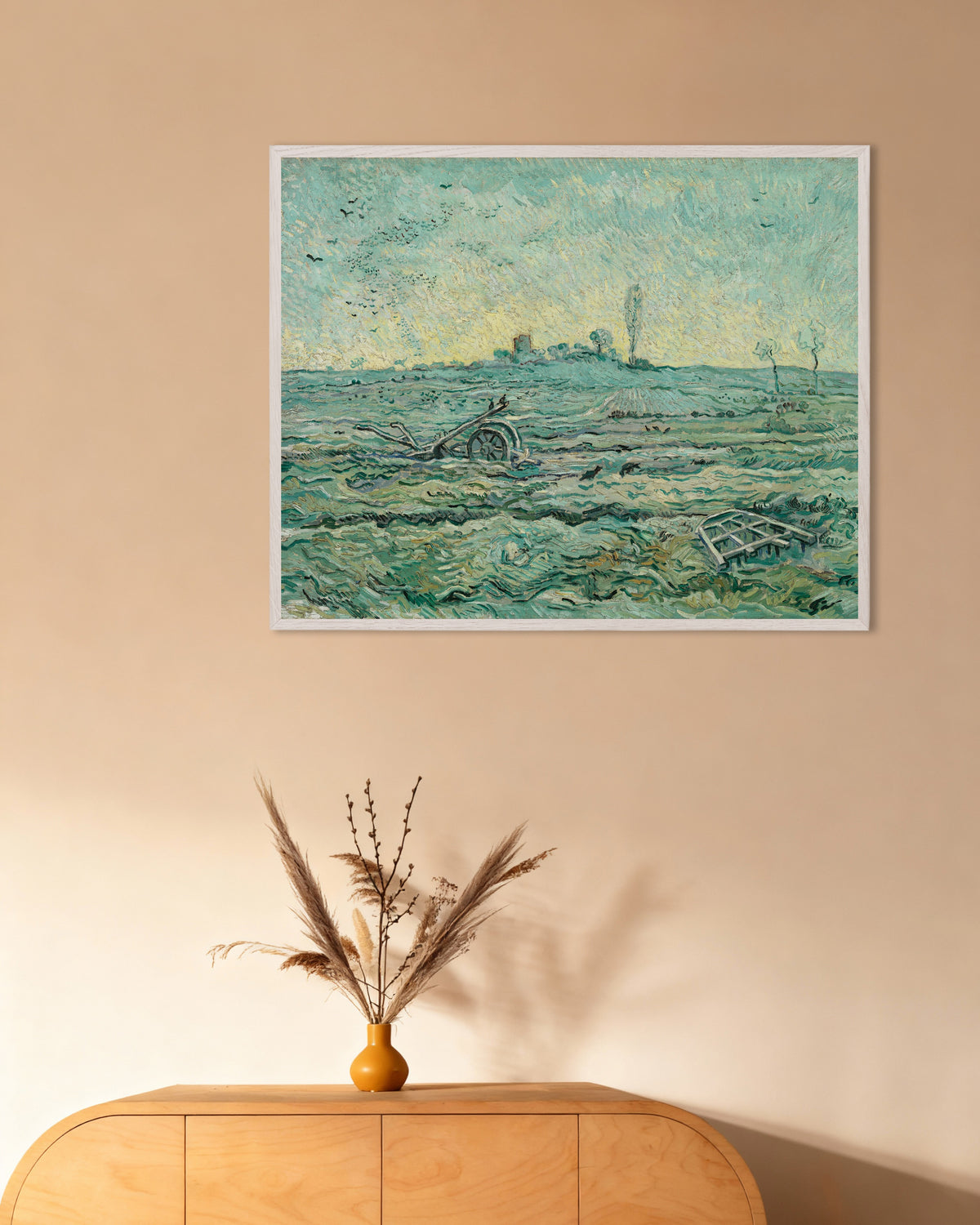 Poster of Snow-Covered Field with a Harrow, after Millet (1890) by Vincent van Gogh, with white wooden frame