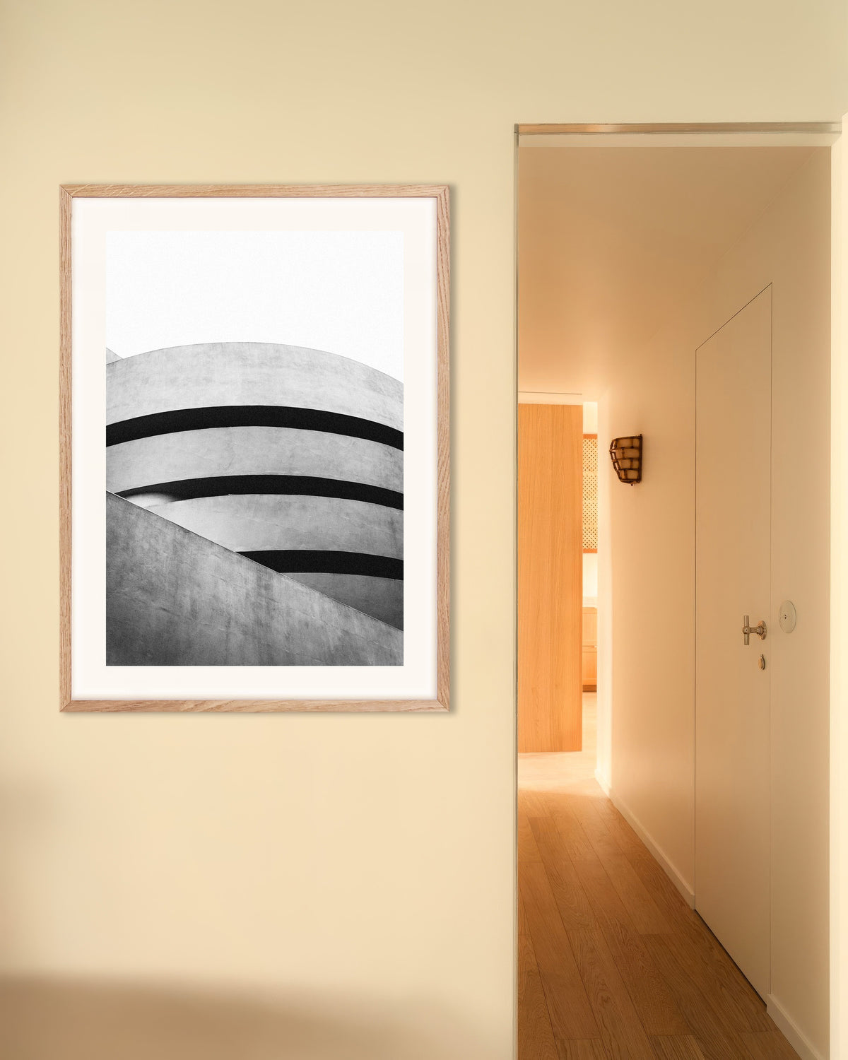 Poster of Spiral Museum Curves, with natural wooden frame