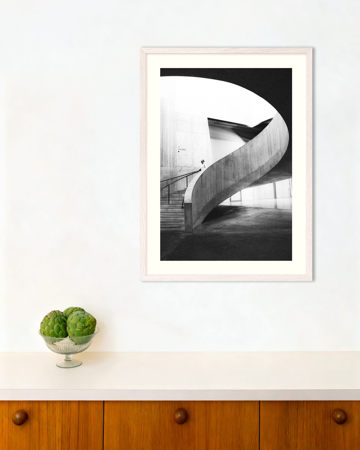 Poster of Spiral Ramp With a Visitor, with white wooden frame