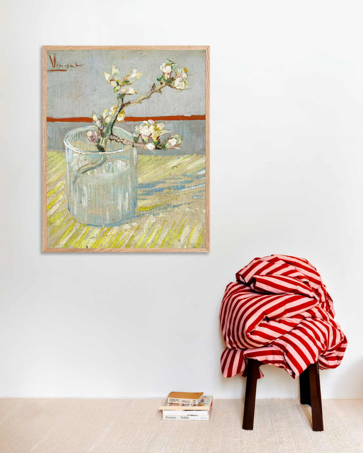 Poster of Sprig of Flowering Almond in a Glass (1888) by Vincent van Gogh, with natural wooden frame