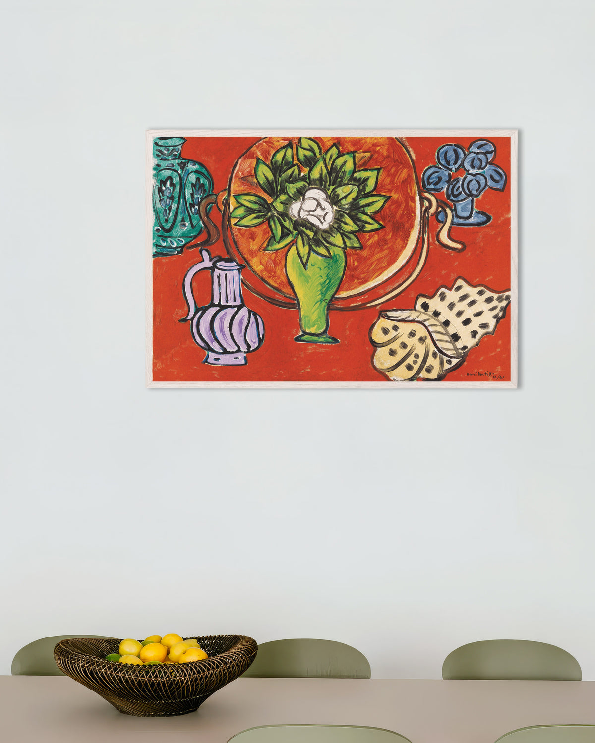 Poster of Still Life with Magnolia (1941) by Henri Matisse, with white wooden frame