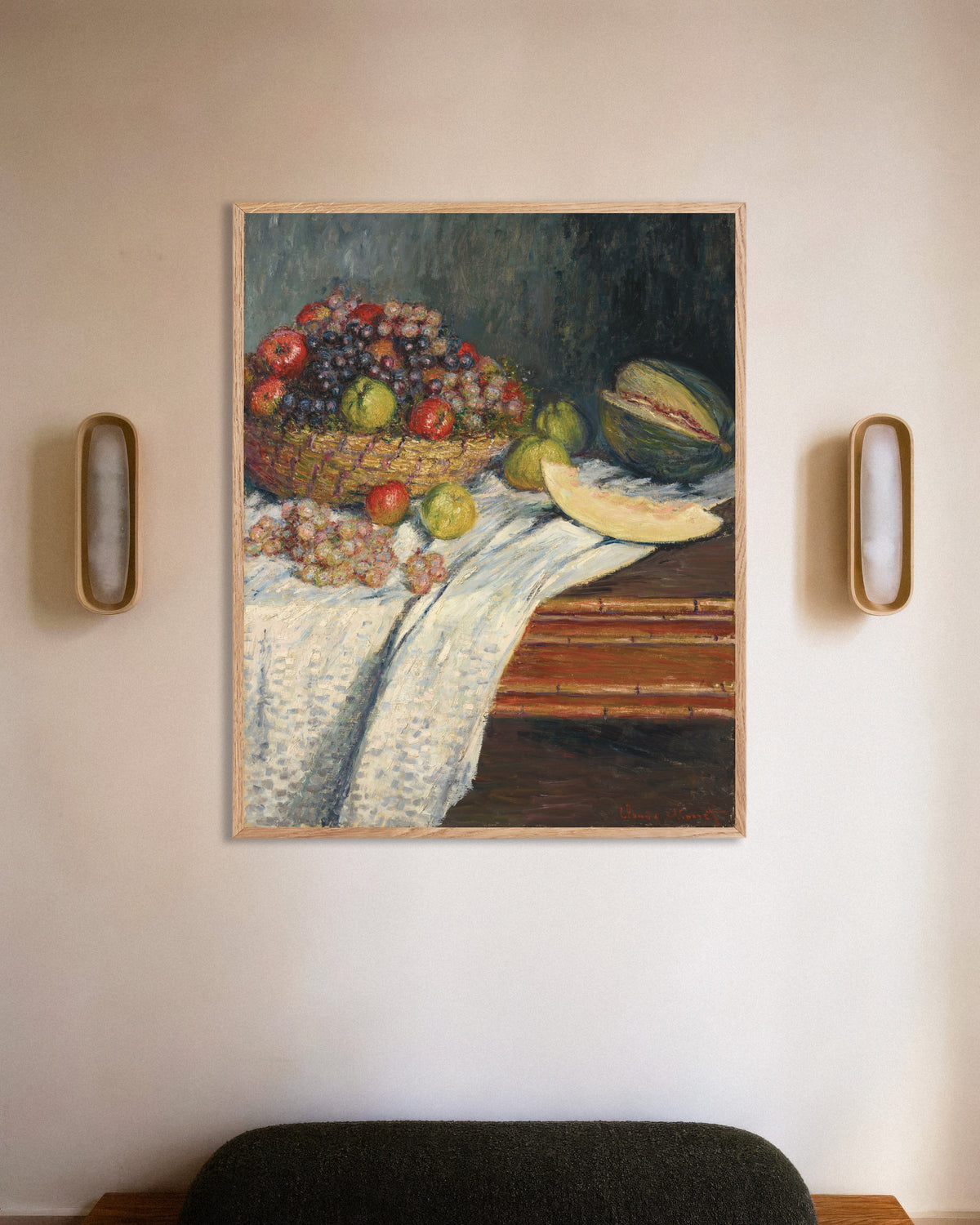 Poster of Still Life with Melon (1879) by Claude Monet, with natural wooden frame