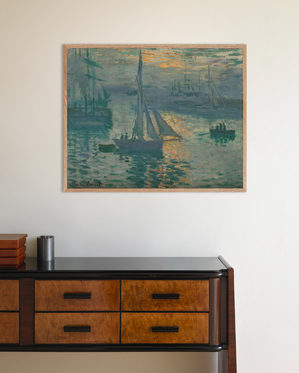 Poster of Sunrise (Marine) (1873) by Claude Monet, with natural wooden frame