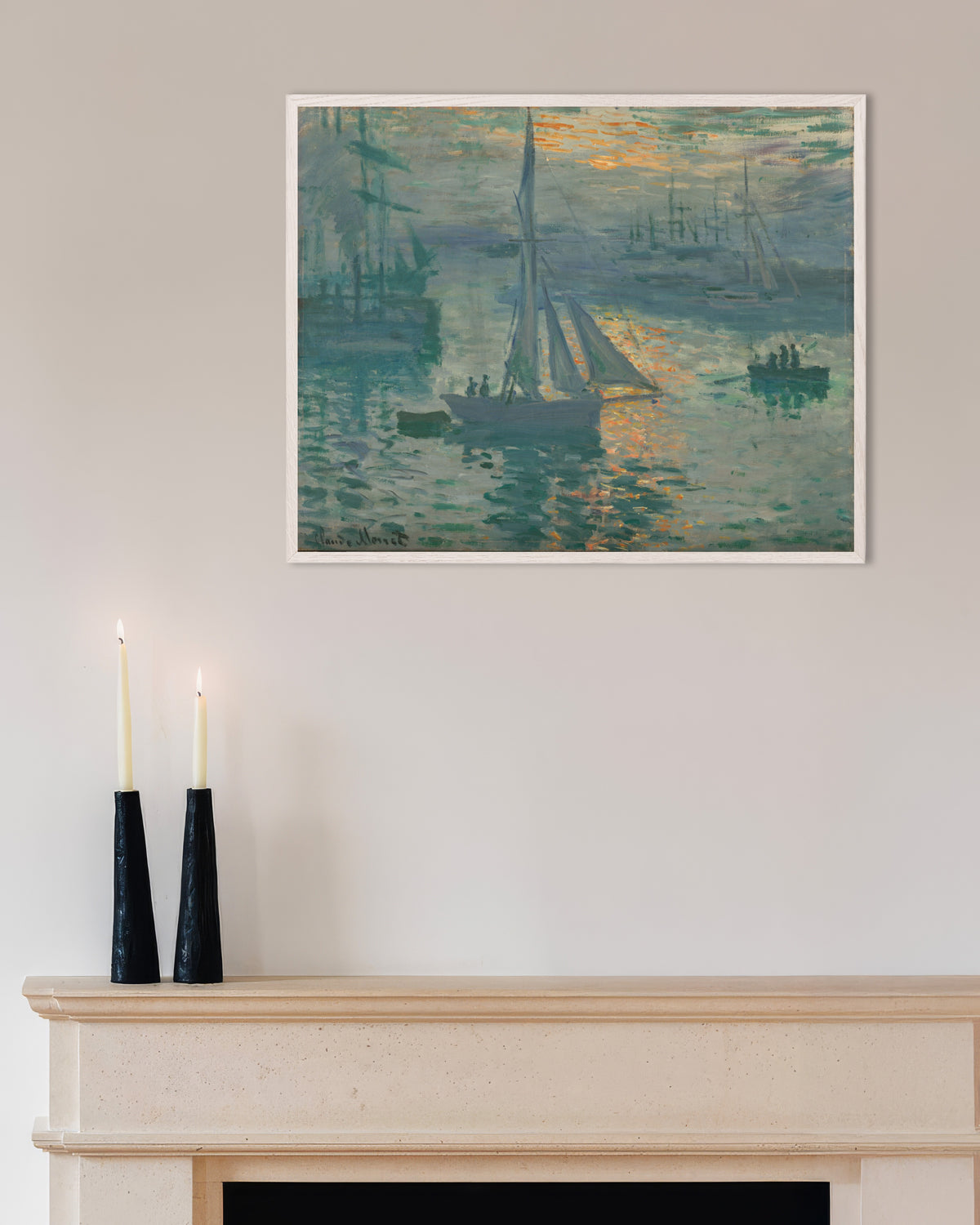 Poster of Sunrise (Marine) (1873) by Claude Monet, with white wooden frame