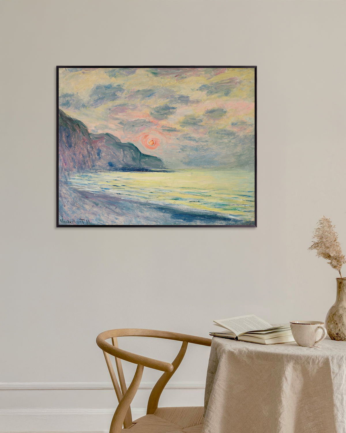 Poster of Sunset, Foggy Weather, Pourville (1882) by Claude Monet, with metal frame