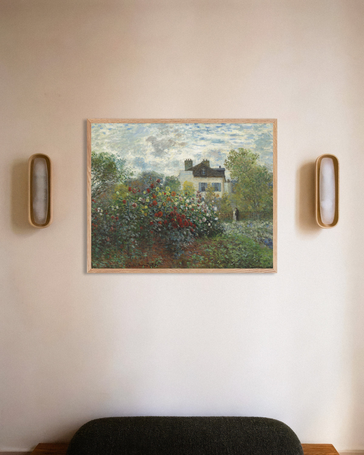 Poster of The Artist's Garden in Argenteuil, a Corner with Dahlias (1873) by Claude Monet, with natural wooden frame