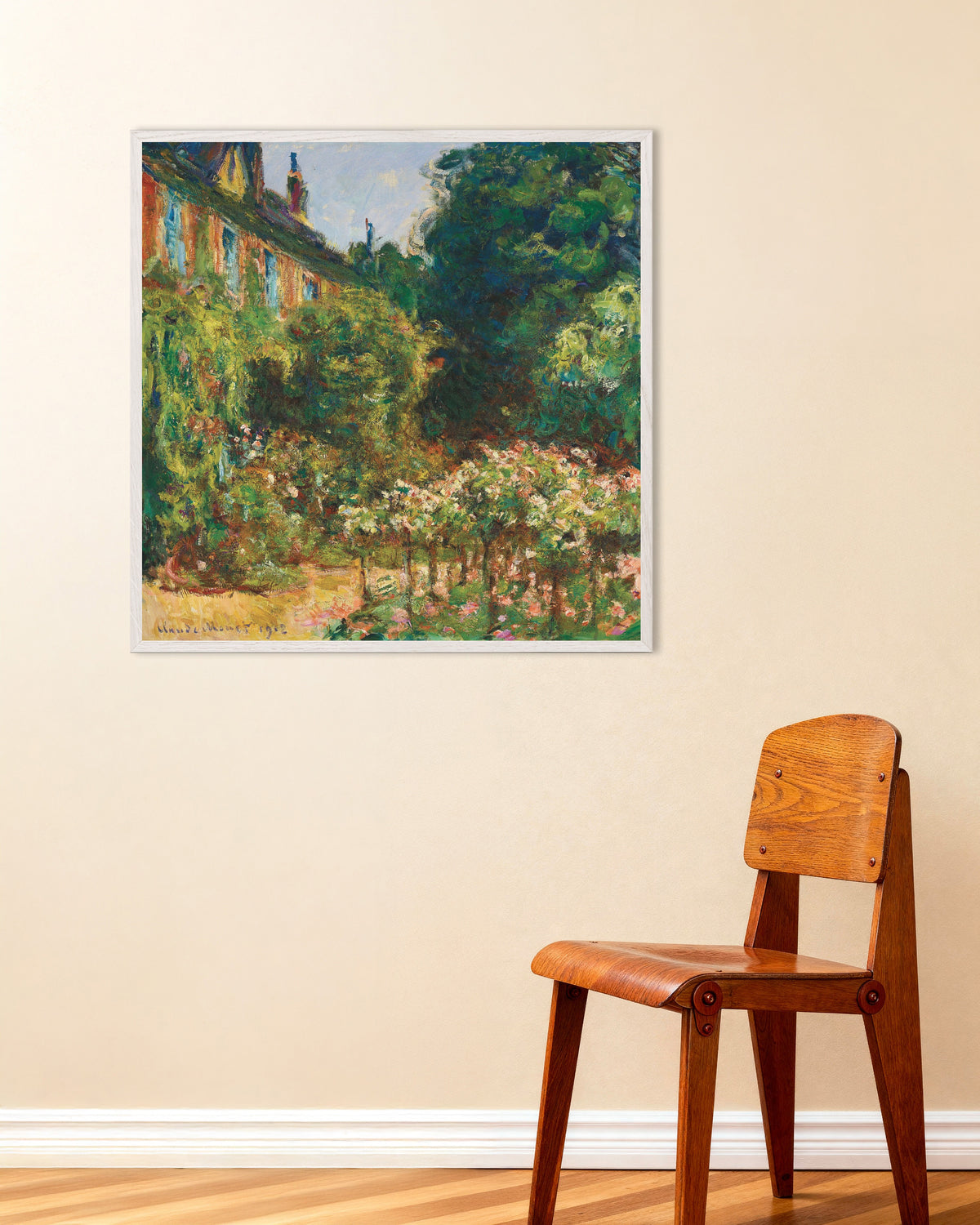 Poster of The Artist's House at Giverny (1912) by Claude Monet, with white wooden frame