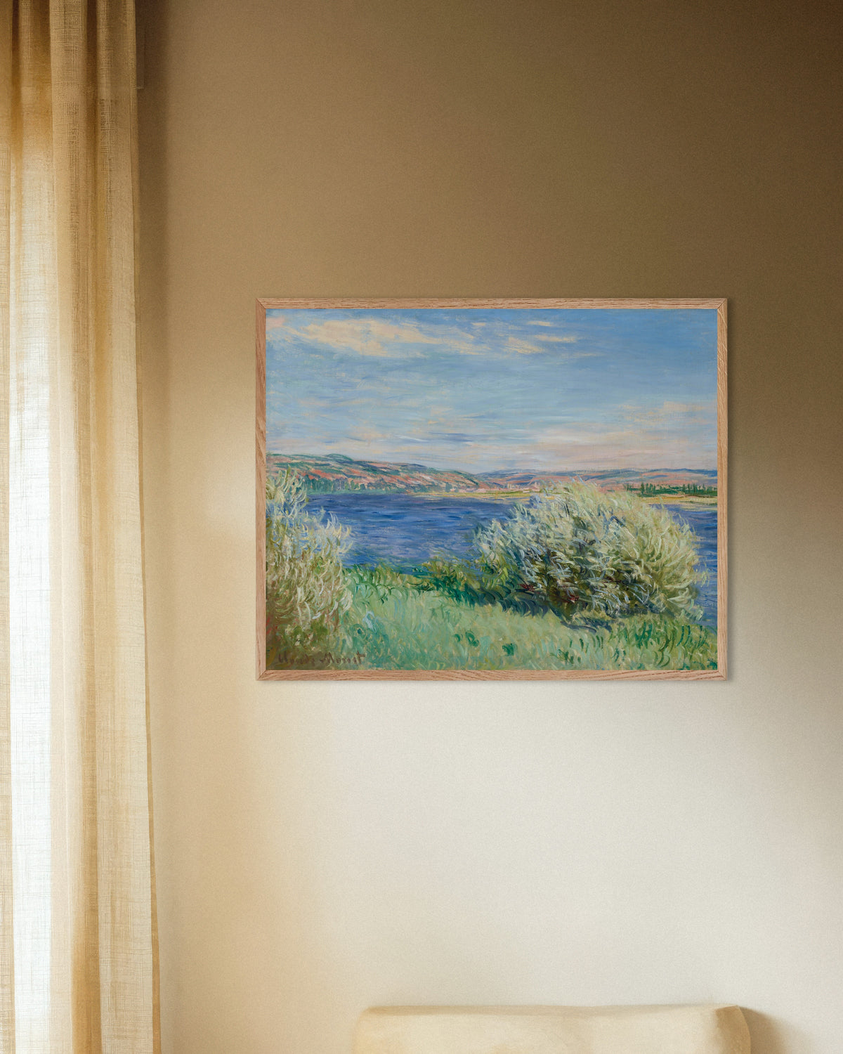 Poster of The Banks of the Seine near Vétheuil (1881) by Claude Monet, with natural wooden frame