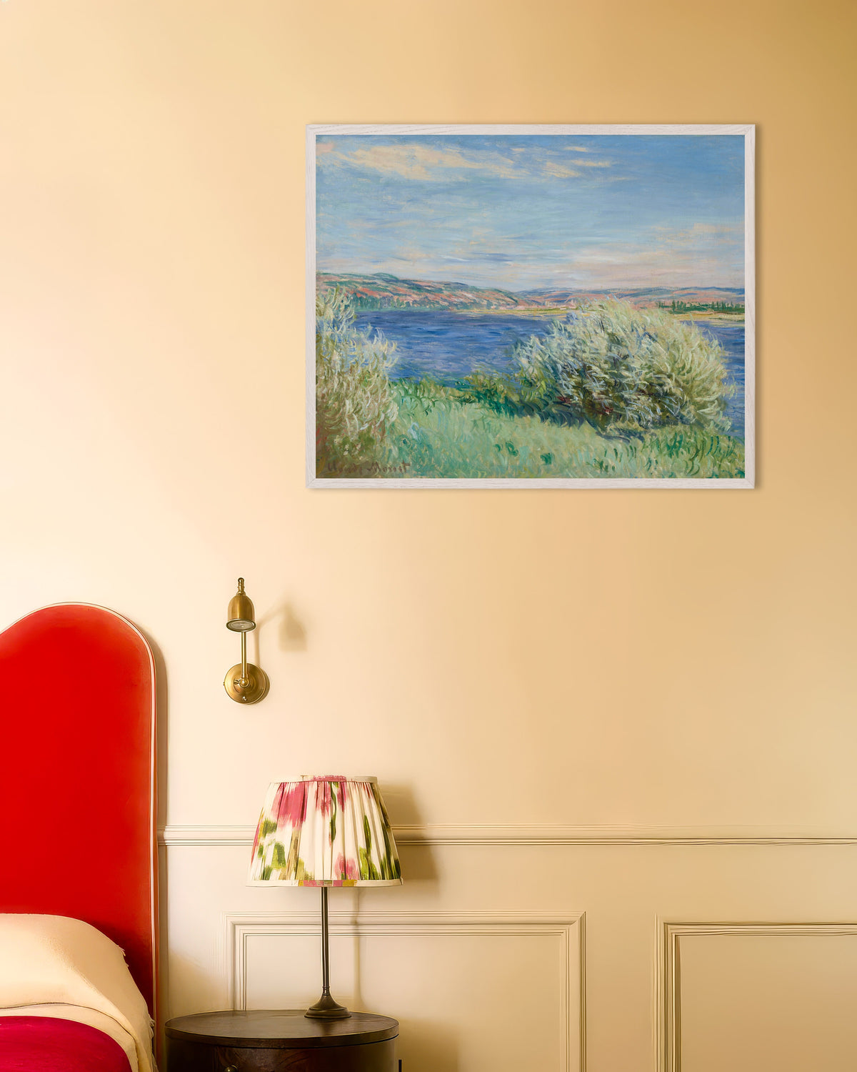 Poster of The Banks of the Seine near Vétheuil (1881) by Claude Monet, with white wooden frame