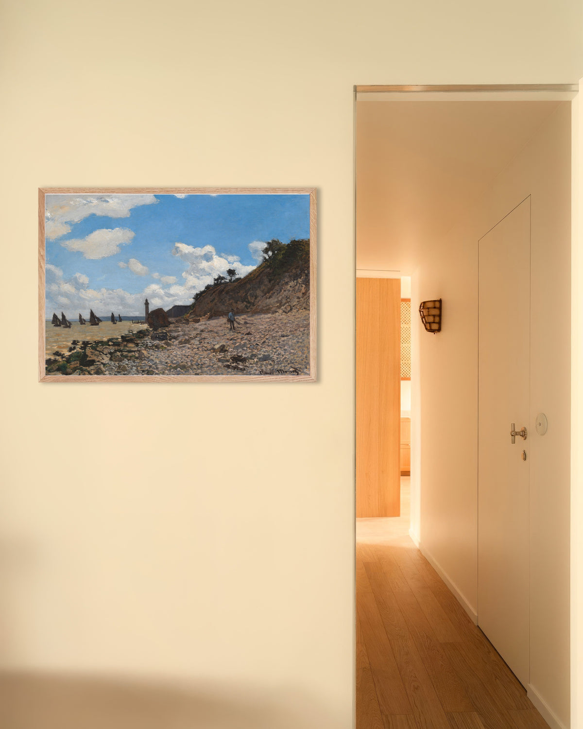 Poster of The Beach at Honfleur (1864–1866) by Claude Monet, with natural wooden frame