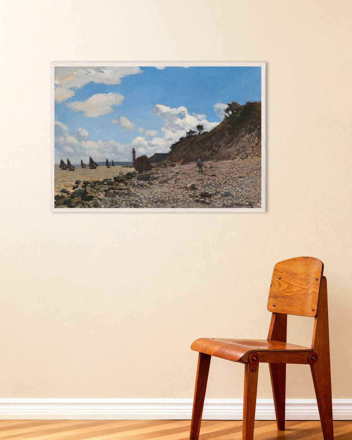 Poster of The Beach at Honfleur (1864–1866) by Claude Monet, with white wooden frame