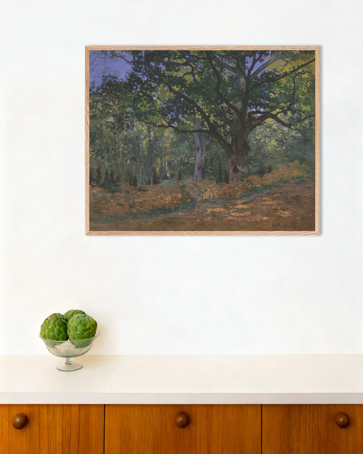 Poster of The Bodmer Oak, Fontainebleau Forest (1865) by Claude Monet, with natural wooden frame