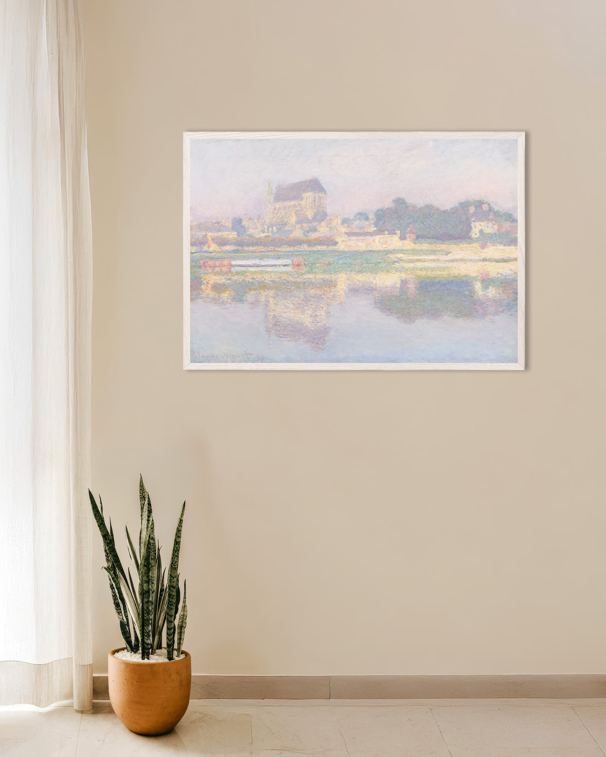 Poster of The Church at Vernon, Sun (1894) by Claude Monet, with white wooden frame