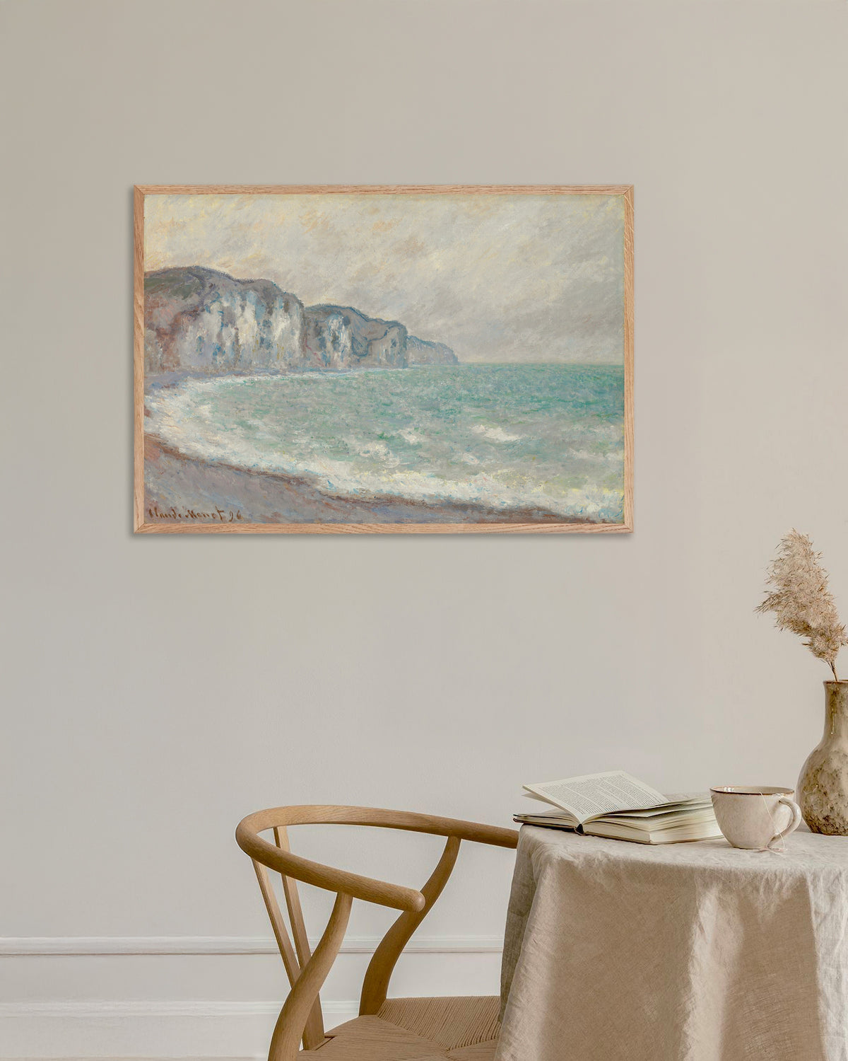 Poster of The Cliff at Pourville (1896) by Claude Monet, with natural wooden frame