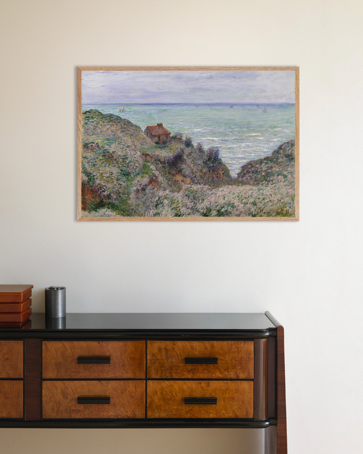 Poster of The Customs Officer's Cabin (1882) by Claude Monet, with natural wooden frame