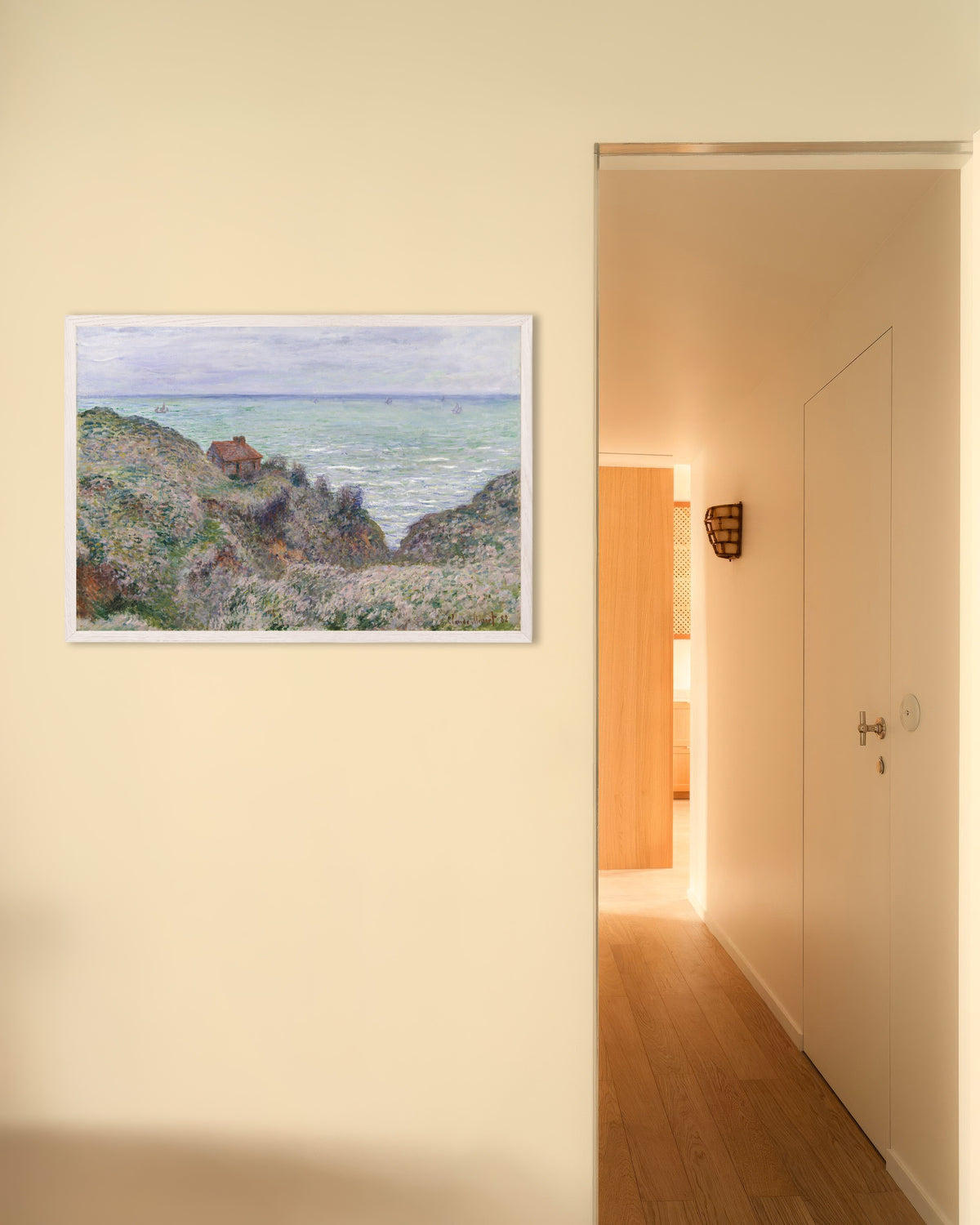 Poster of The Customs Officer's Cabin (1882) by Claude Monet, with white wooden frame