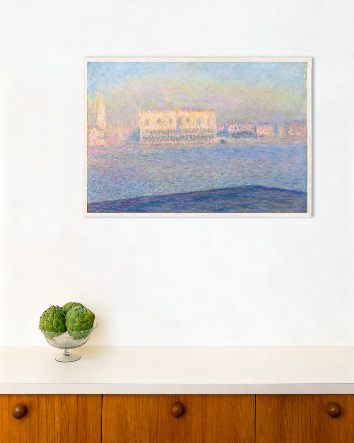 Poster of The Doge's Palace Seen from San Giorgio Maggiore (1908) by Claude Monet, with white wooden frame