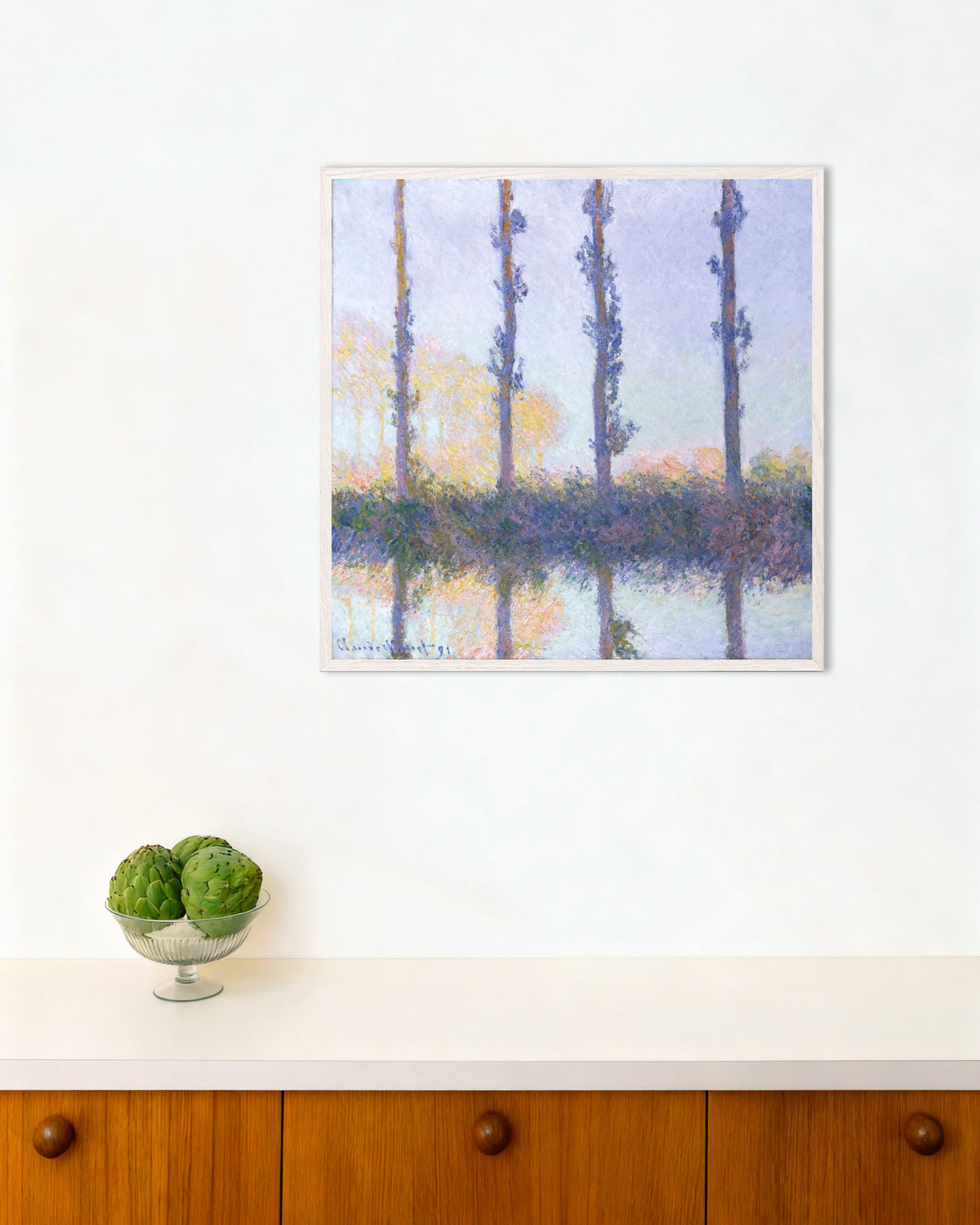 Poster of The Four Trees (1891) by Claude Monet, with white wooden frame