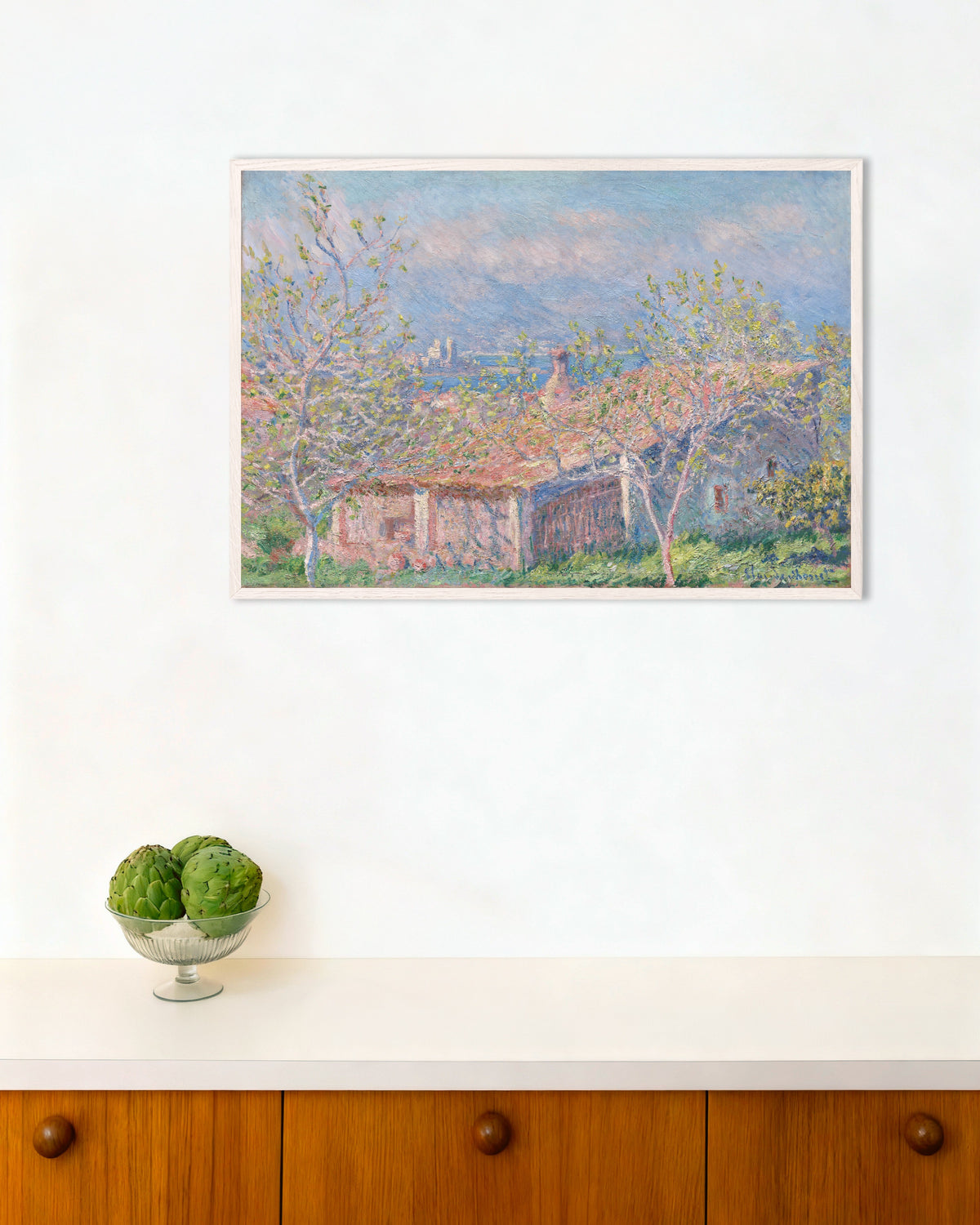 Poster of The Gardener's House at Antibes (1888) by Claude Monet, with white wooden frame