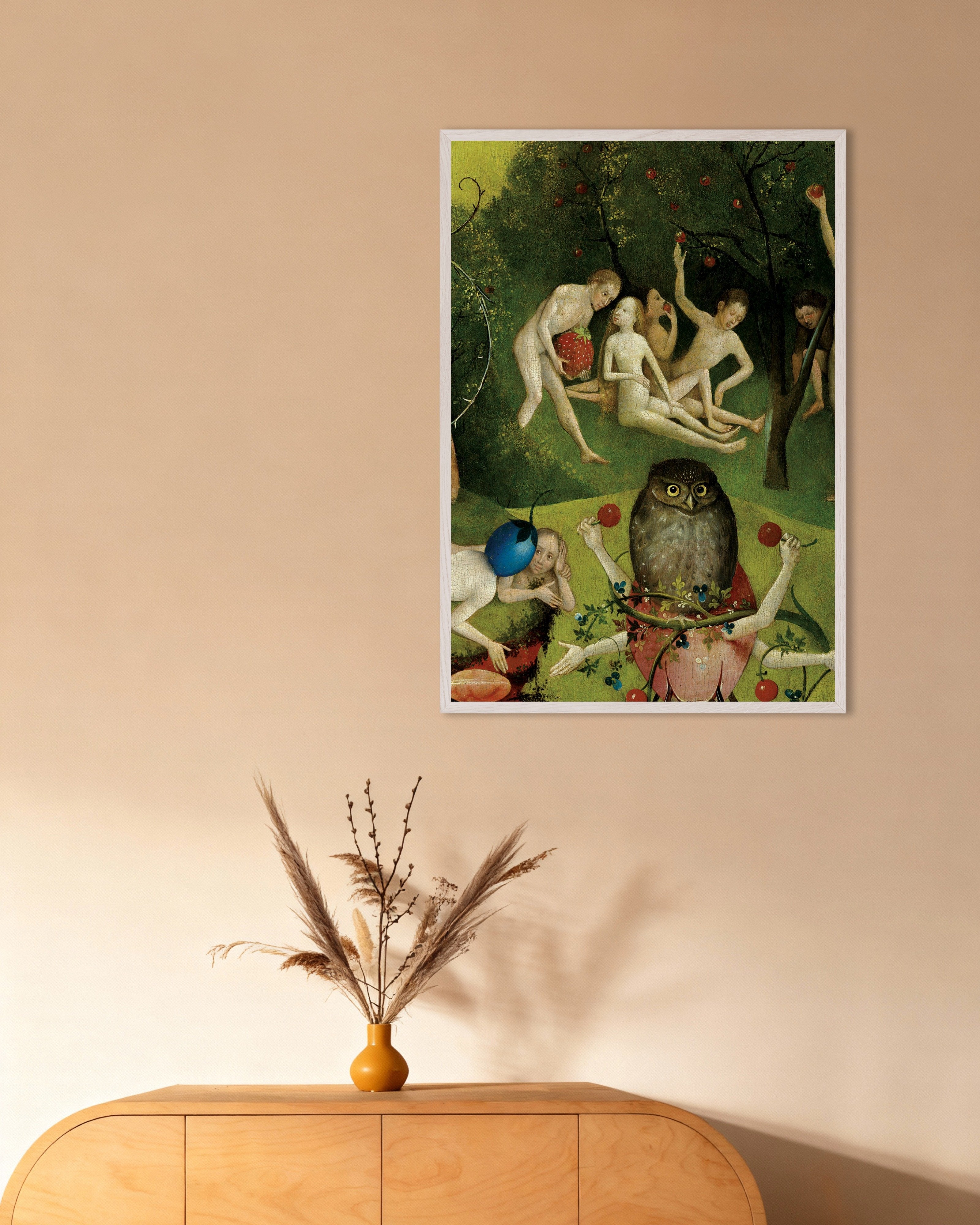 Poster of The giant owl and strawberry pickers - Detail from The Garden of Earthly Delights, with white wooden frame