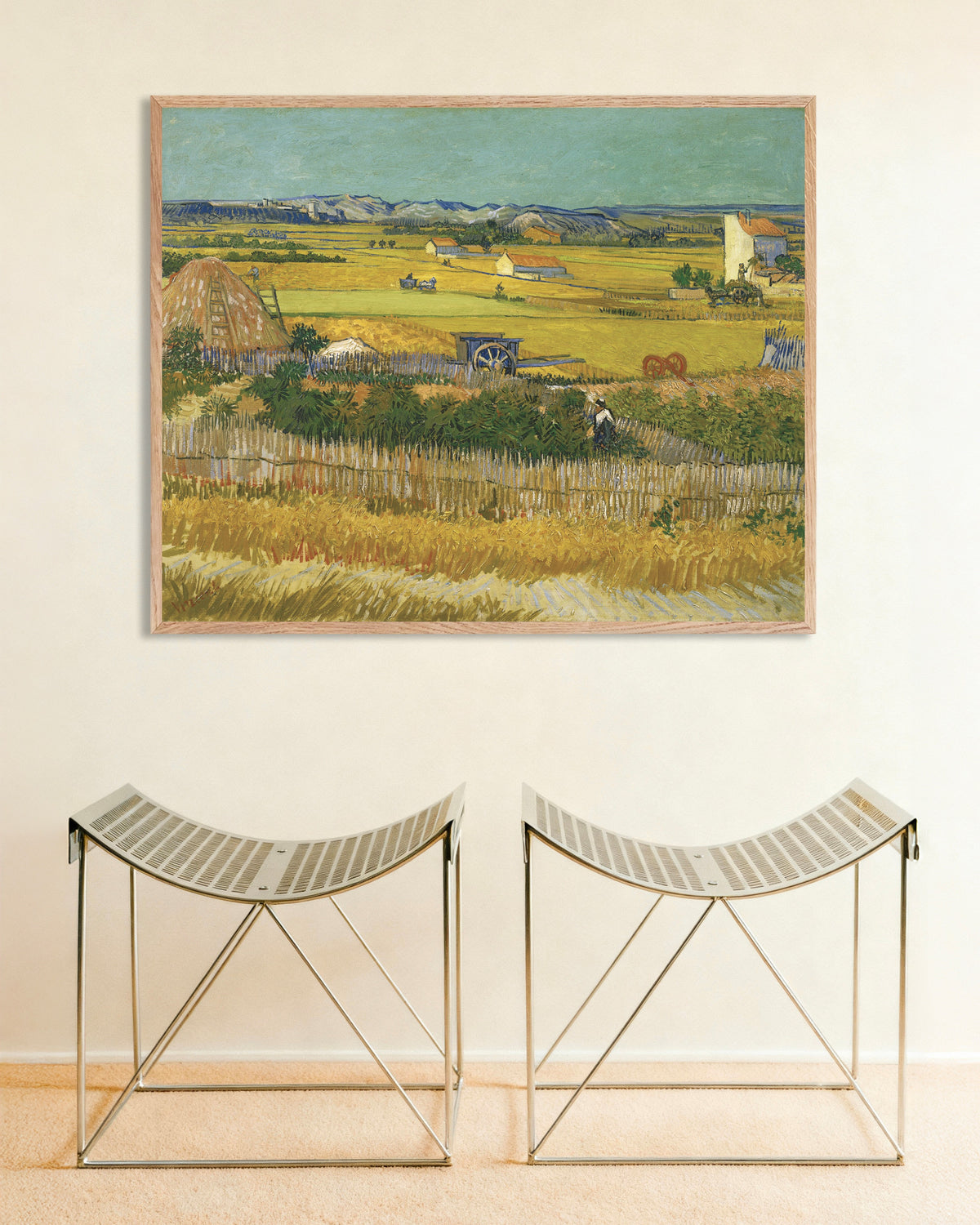 Poster of The Harvest (1888) by Vincent van Gogh, with natural wooden frame