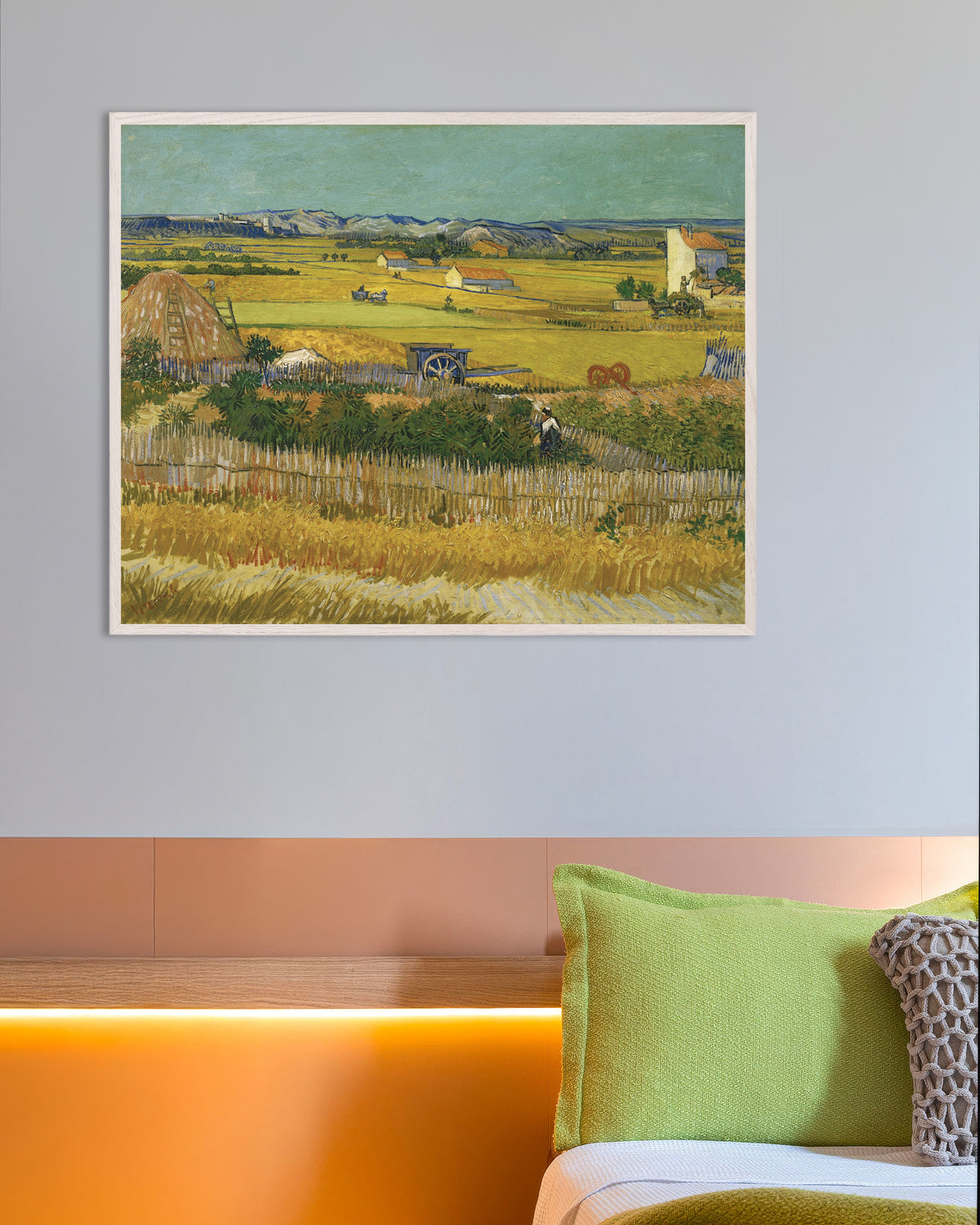 Poster of The Harvest (1888) by Vincent van Gogh, with white wooden frame