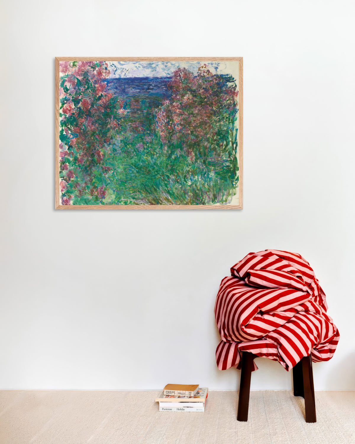 Poster of The House among the Roses (c. 1925) by Claude Monet, with natural wooden frame