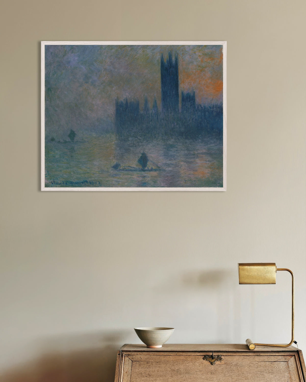 Poster of The Houses of Parliament, Effect of Fog (1903–1904) by Claude Monet, with white wooden frame