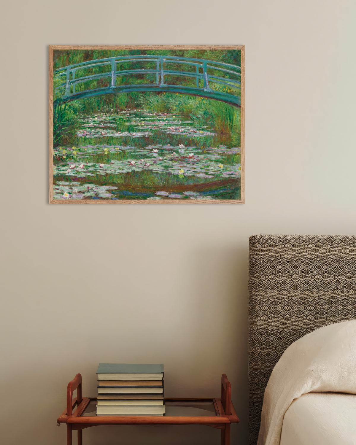 Poster of The Japanese Footbridge (1899) by Claude Monet, with natural wooden frame