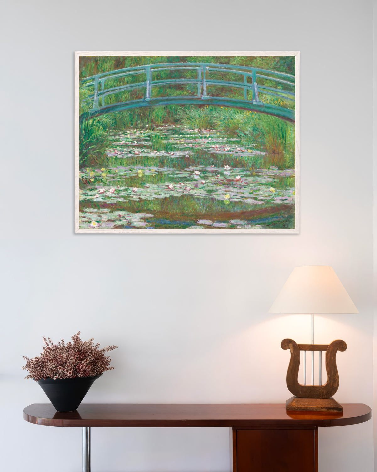 Poster of The Japanese Footbridge (1899) by Claude Monet, with white wooden frame