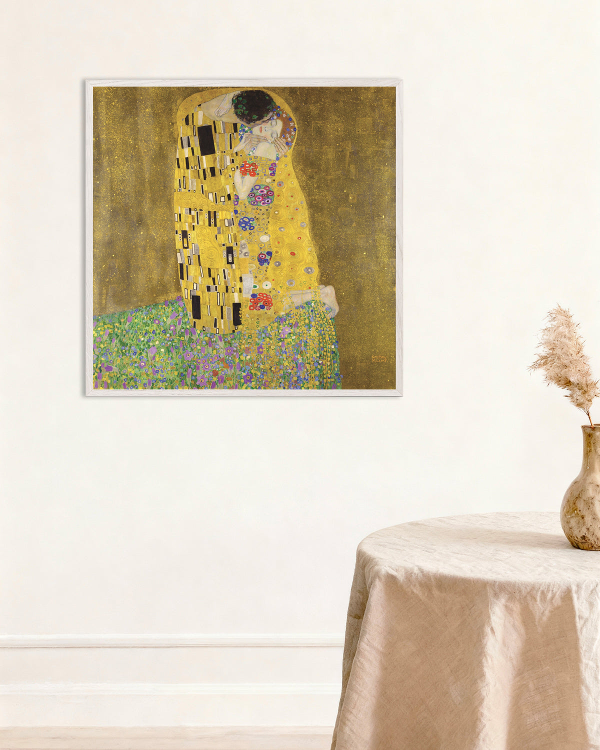 Poster of The Kiss (1907–1908) by Gustav Klimt, with white wooden frame