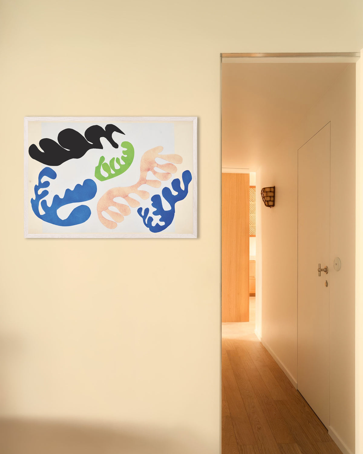 Poster of The Lagoon in Blue and Coral (Jazz, 1947) by Henri Matisse, with white wooden frame