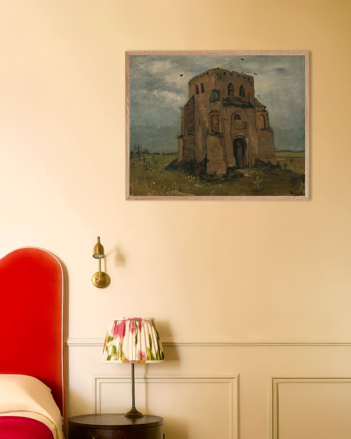 Poster of The Old Church Tower at Nuenen (1885) by Vincent van Gogh, with natural wooden frame
