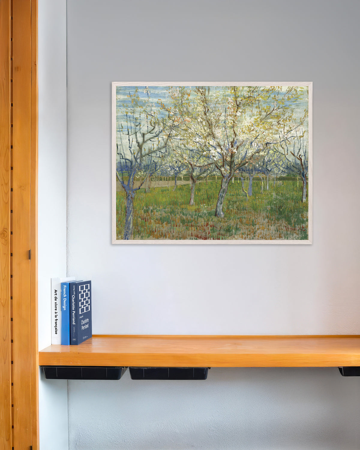 Poster of The Pink Orchard (1888) by Vincent van Gogh, with white wooden frame