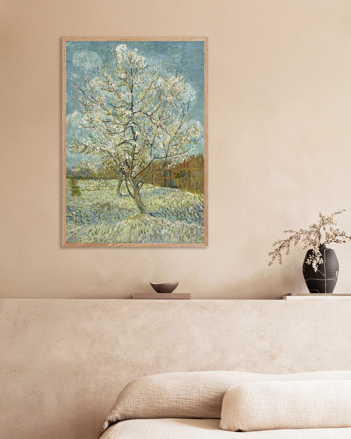 Poster of The Pink Peach Tree (1888) by Vincent van Gogh, with natural wooden frame