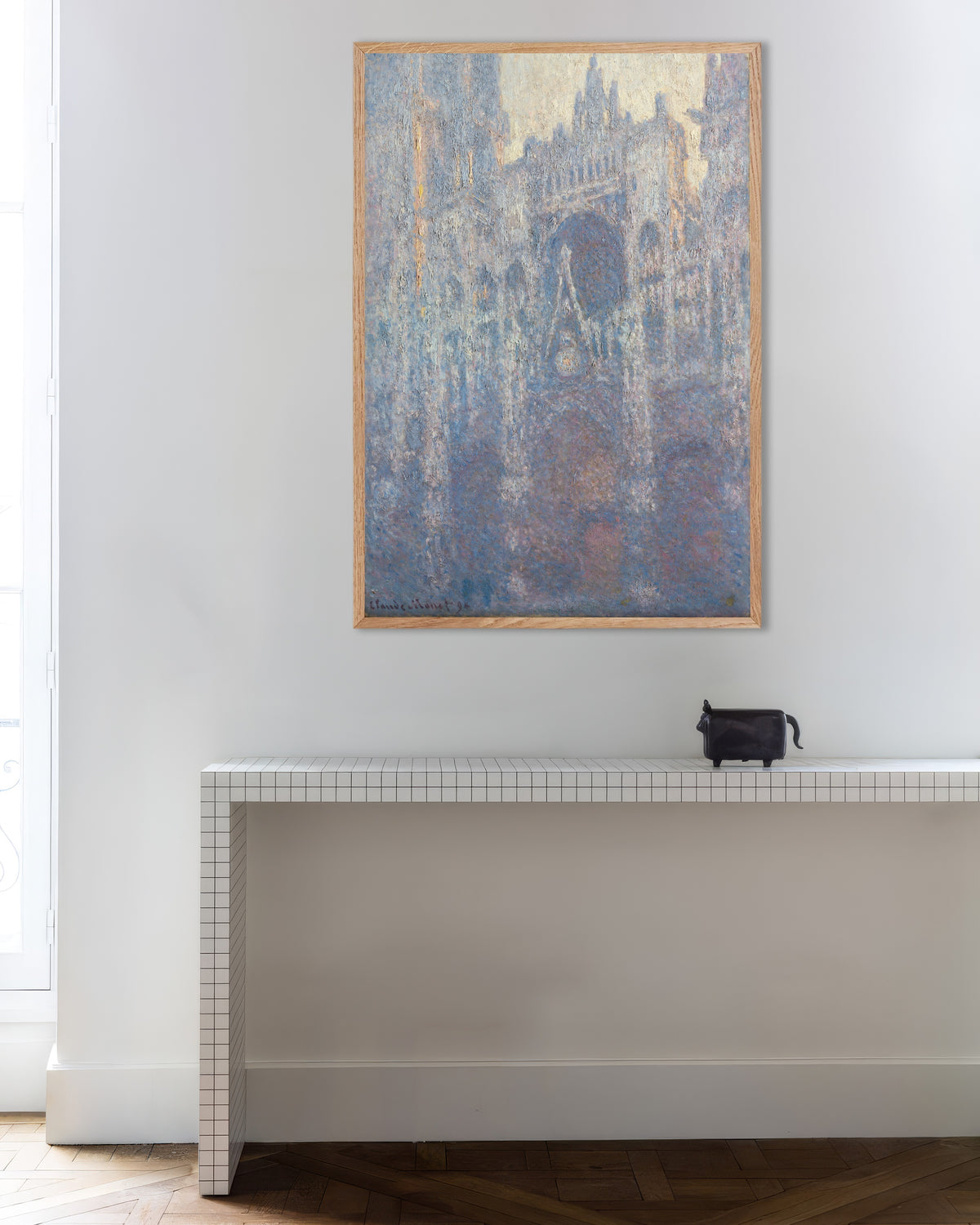 Poster of The Portal of Rouen Cathedral in Morning Light (1894) by Claude Monet, with natural wooden frame