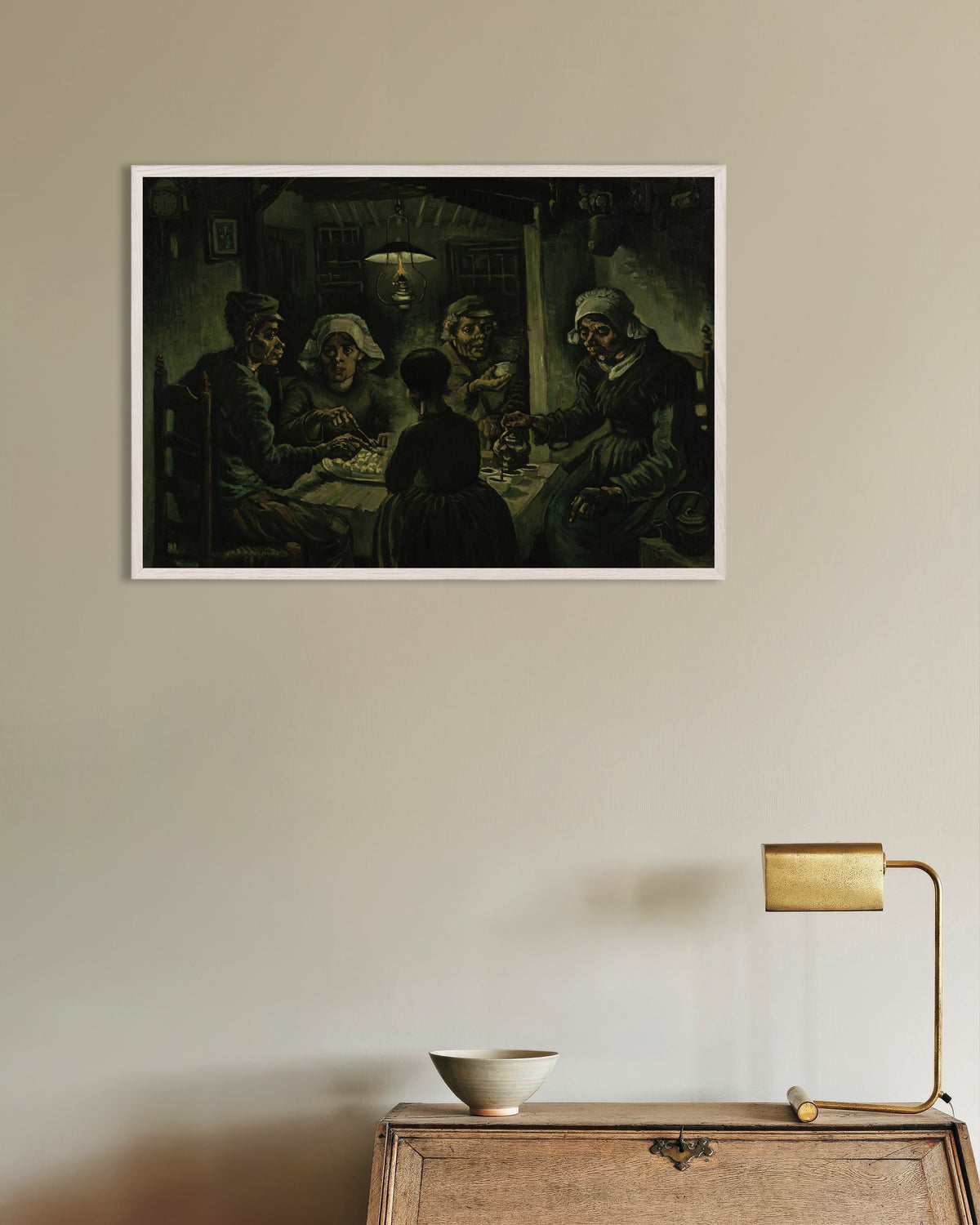 Poster of The Potato Eaters (1885) by Vincent van Gogh, with white wooden frame