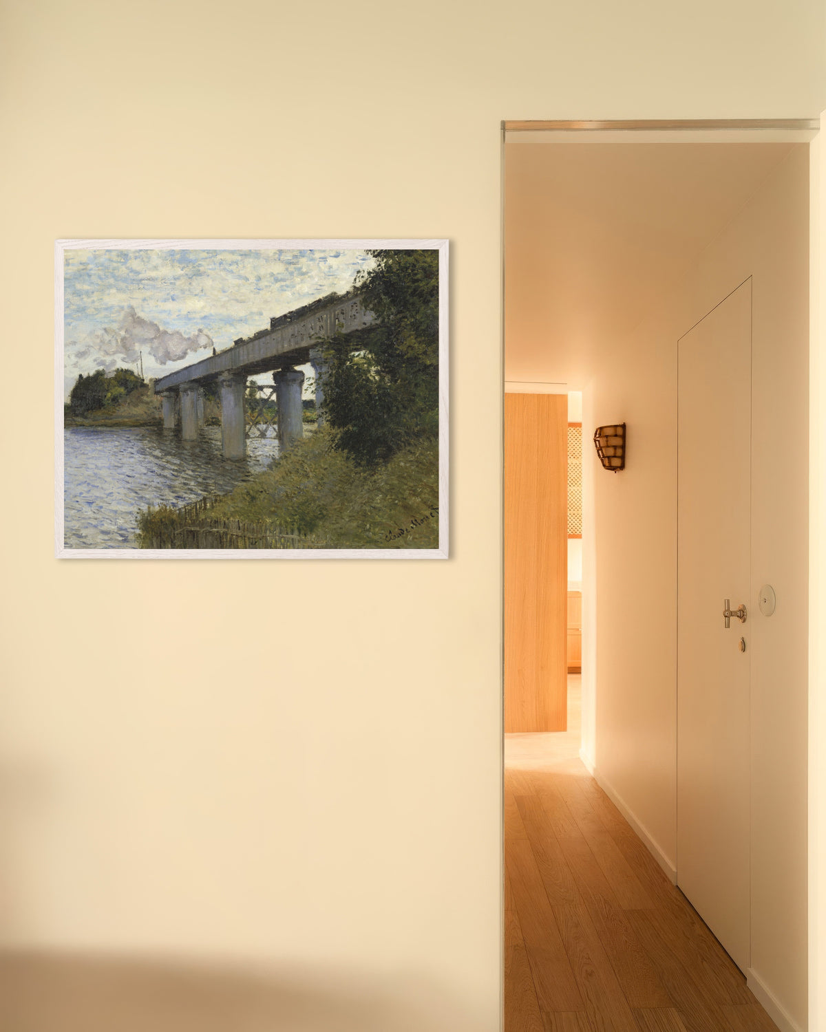 Poster of The Railway Bridge at Argenteuil (1873–1874) by Claude Monet, with white wooden frame