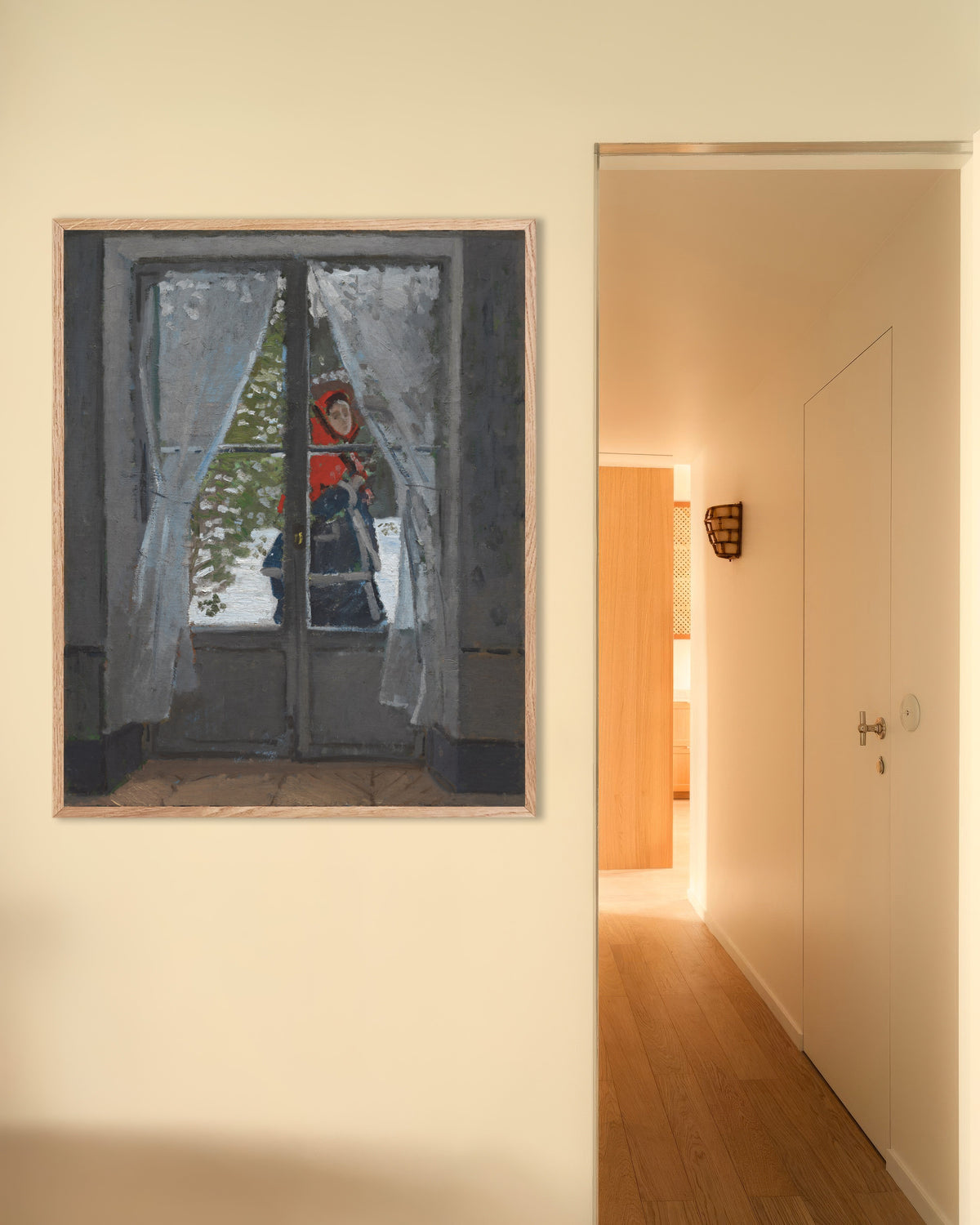 Poster of The Red Kerchief (c. 1868–1873) by Claude Monet, with natural wooden frame
